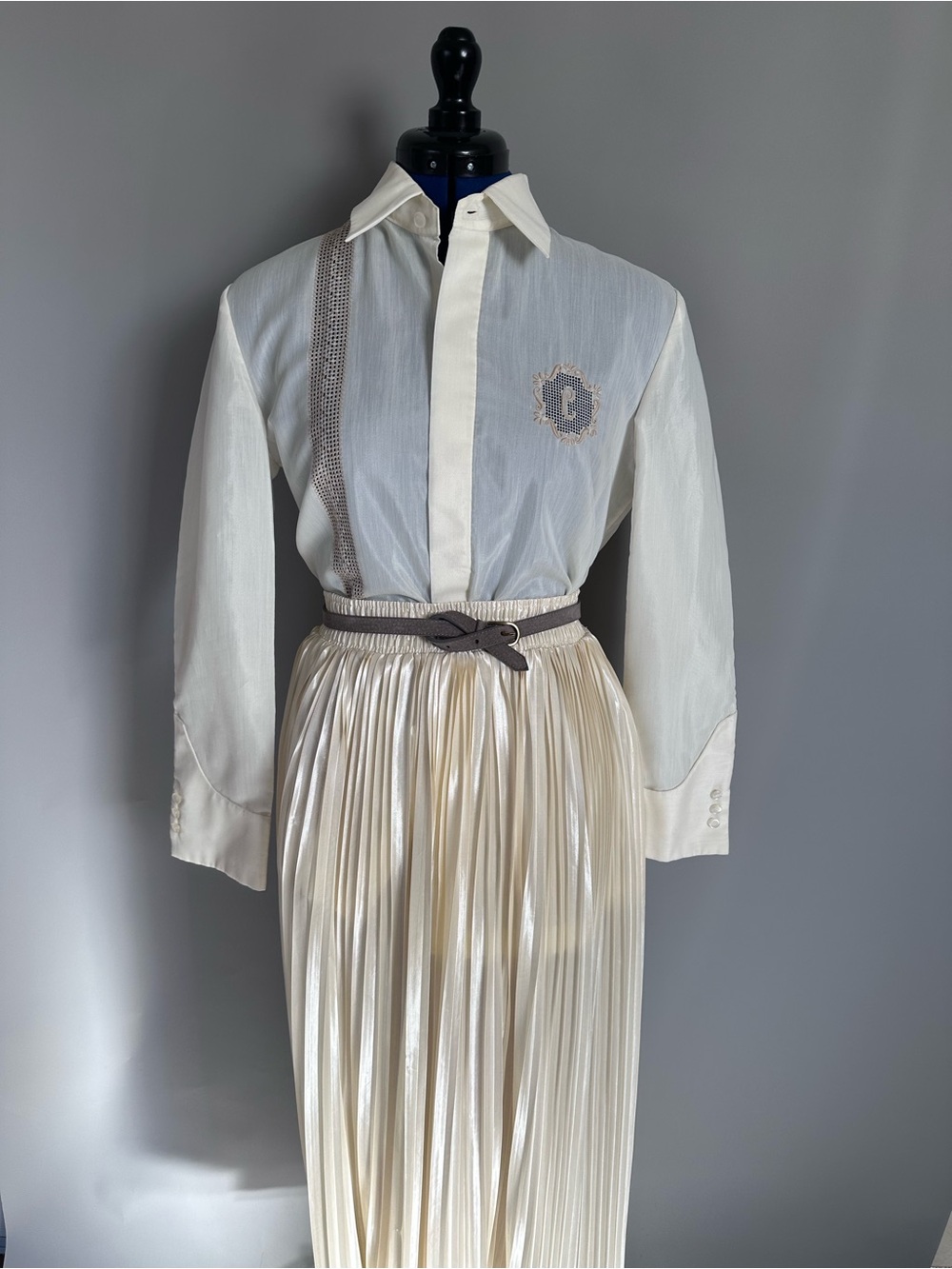 Vintage Monogram C Cream Long-Sleeve Sheer Blouse